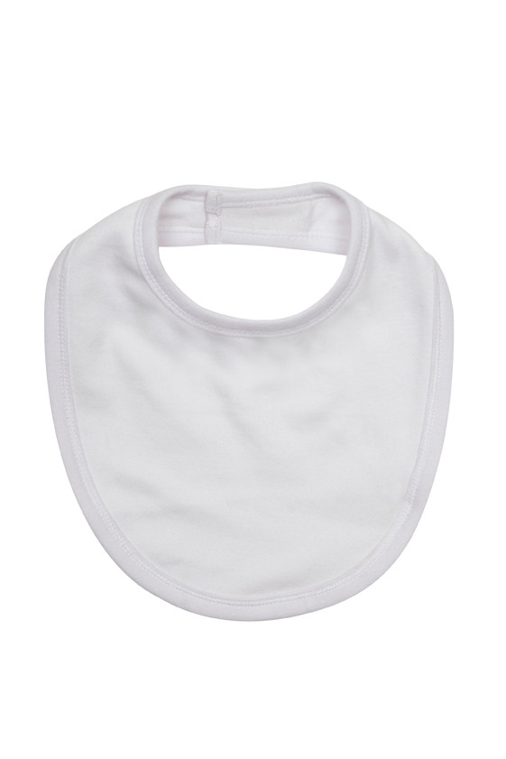 White organic cotton baby bib with snap closure and soft contrast stitching, flat lay packshot