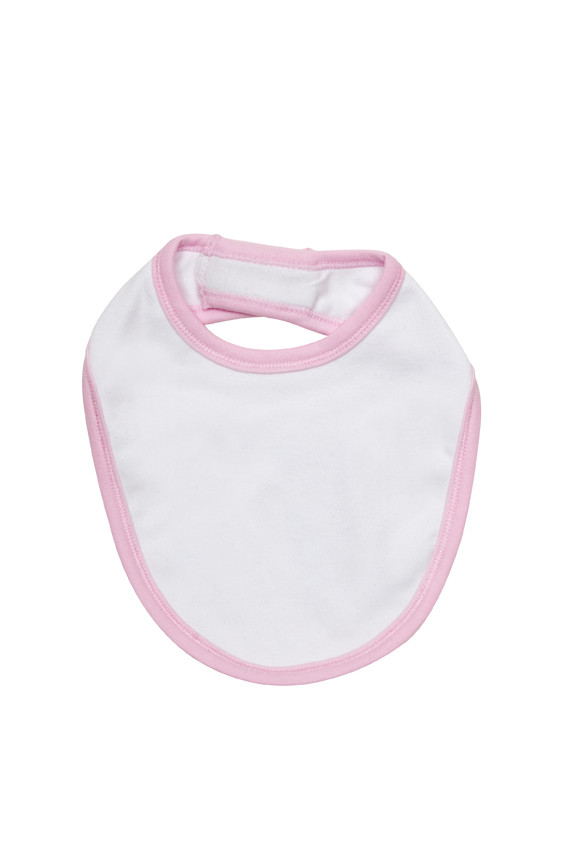 White organic cotton baby bib with pink contrast binding and rounded shape