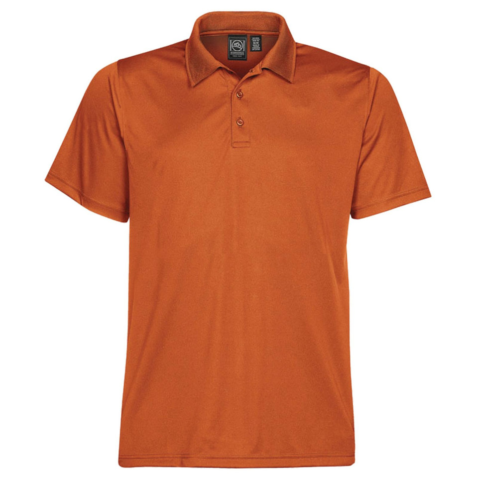 Burnt orange men's performance polo with three-button placket and structured collar, smooth pique knit finish
