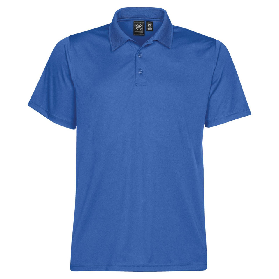 Royal blue men's short sleeve performance polo with three-button placket and flat pique knit panels