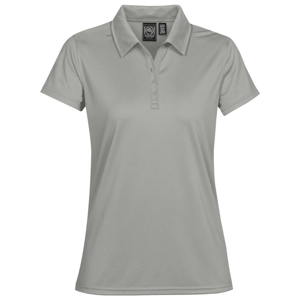 Women's silver grey performance pique polo with three-button placket and point collar, flat lay packshot