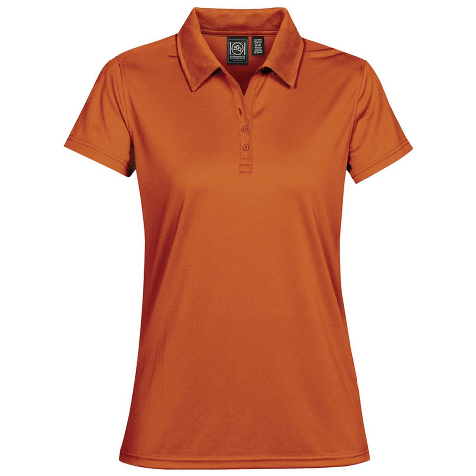Burnt orange women's performance polo with three-button placket and flat pique fabric on packshot