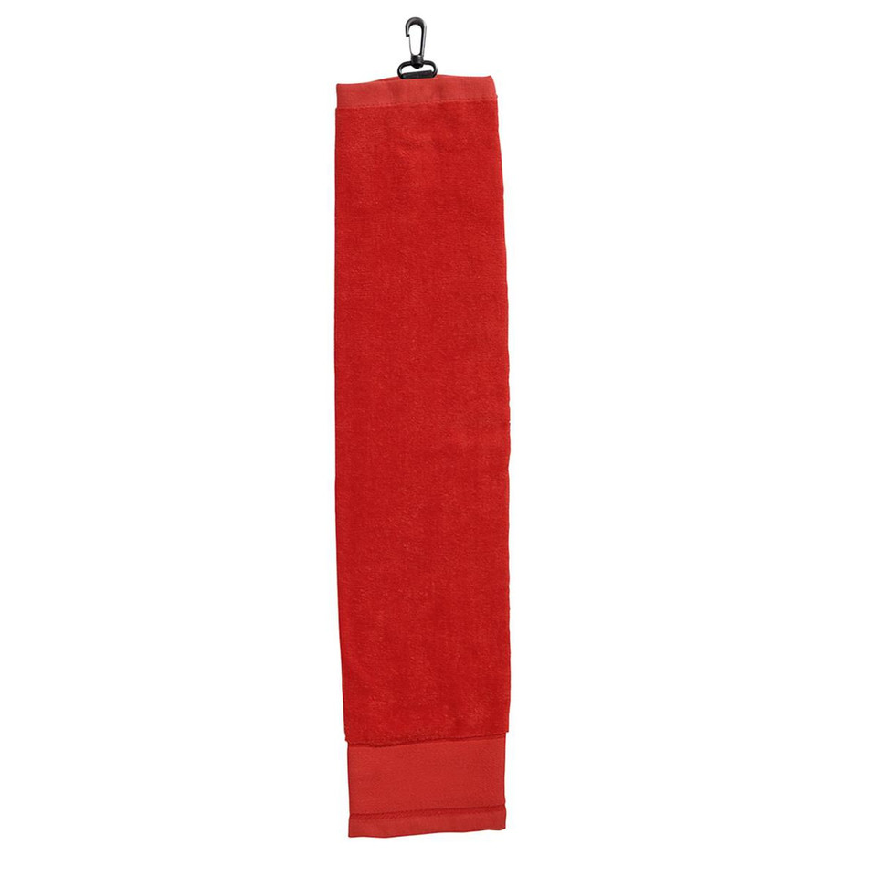 Red terry velour golf towel folded lengthwise with black metal carabiner clip at top