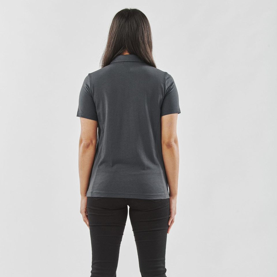 Back view of woman wearing a charcoal short-sleeve polo with smooth fabric and fitted silhouette