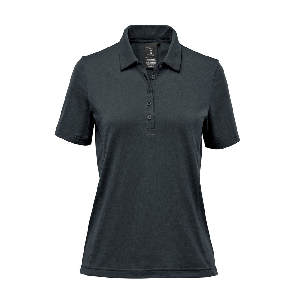 Women's charcoal performance polo with spread collar, three-button placket and short sleeves