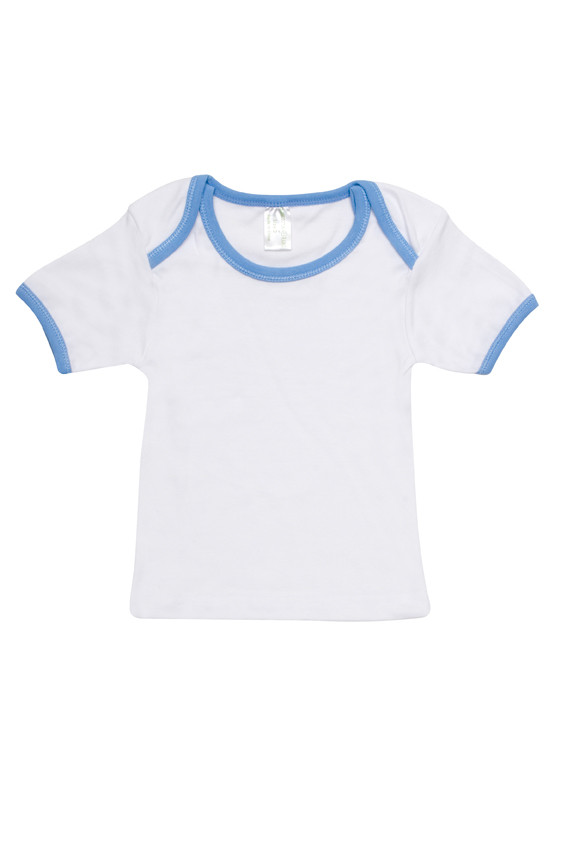 White organic baby t-shirt with carolina blue contrast binding on neckline and sleeves