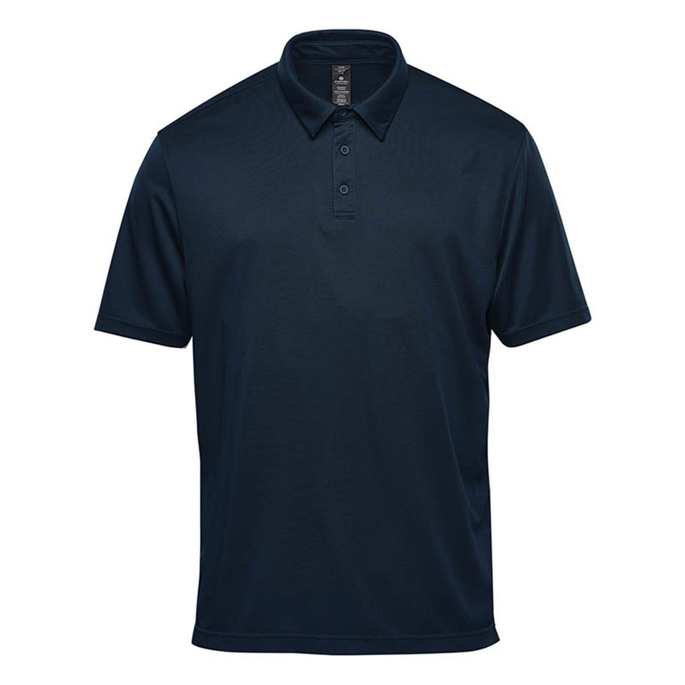 Men's navy performance polo shirt with three-button placket, flat knit collar and smooth technical fabric