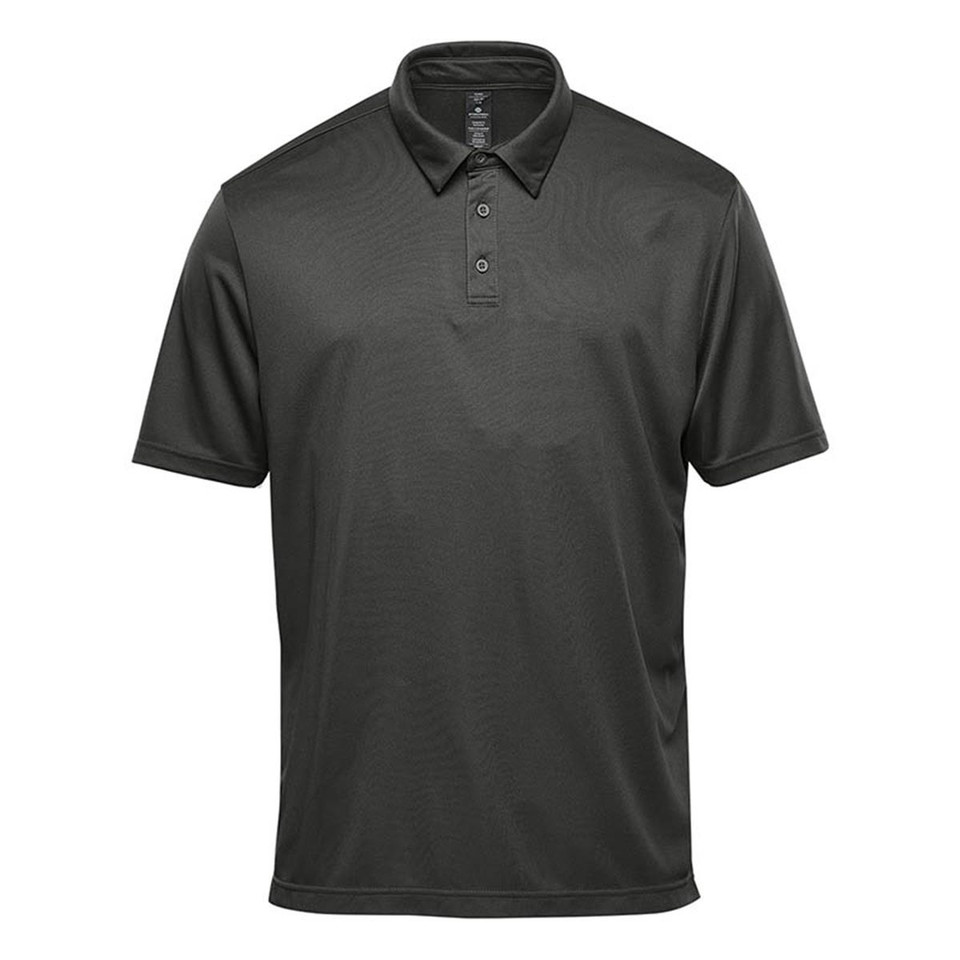 Graphite men's performance polo shirt with three-button placket, spread collar, and smooth technical fabric construction