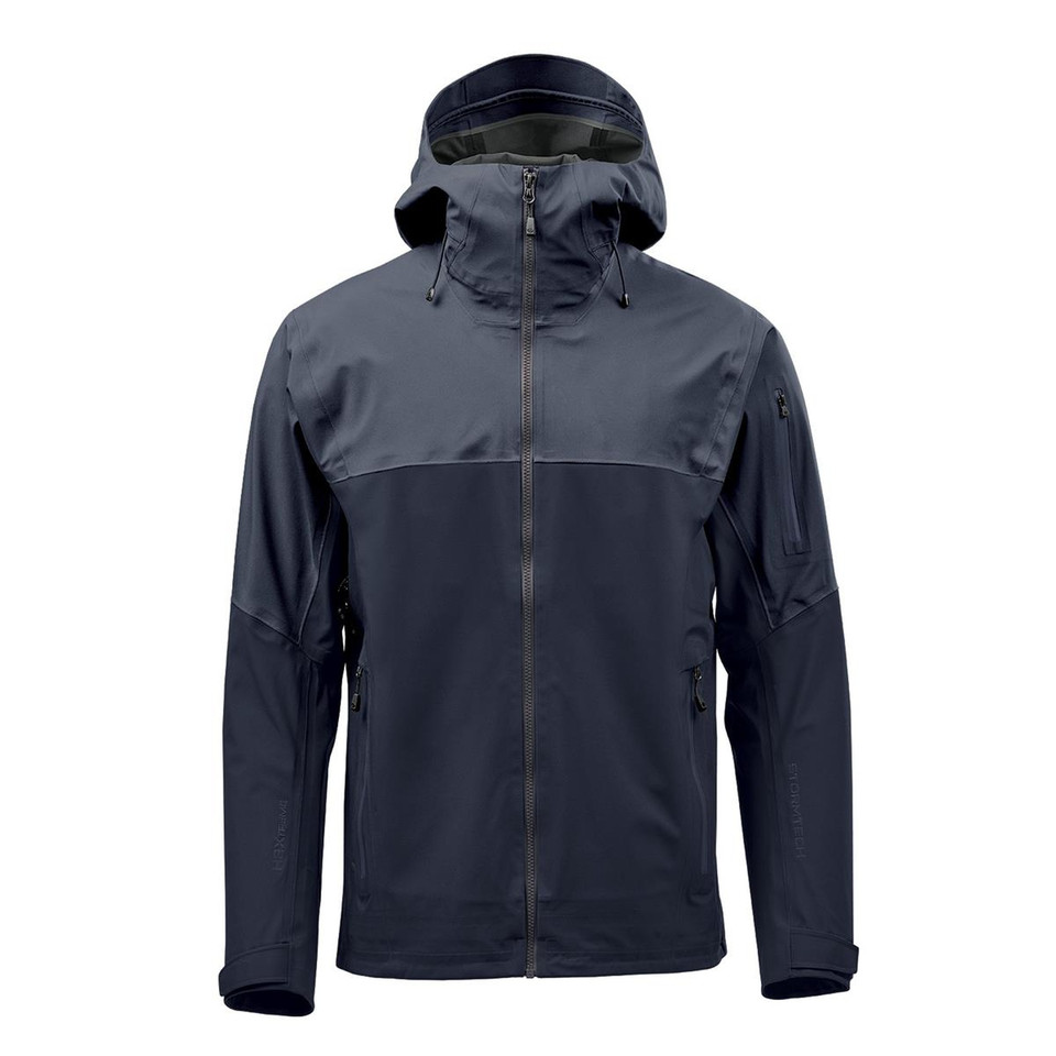 Midnight navy men's hooded stormshell jacket with two-tone panelling, centre zip and sleeve pocket