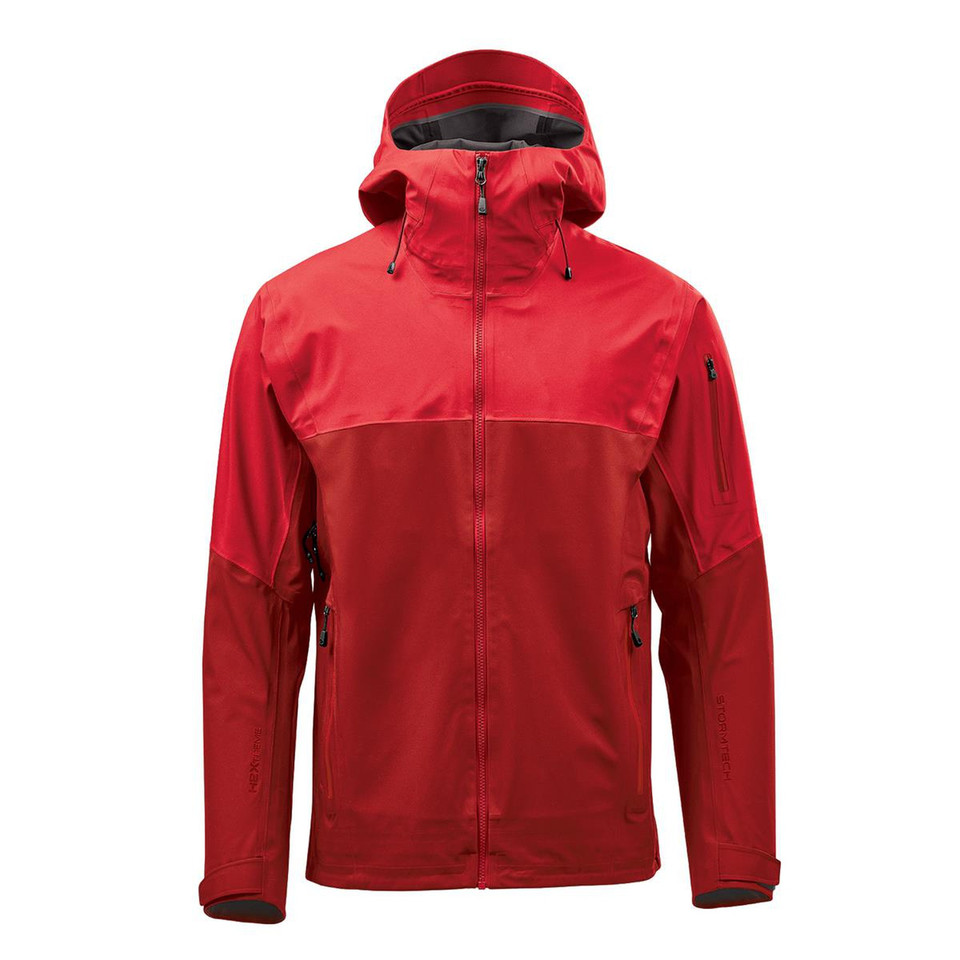 Crimson red men's hardshell jacket with structured hood, contrast yoke panel, and centre-front zip