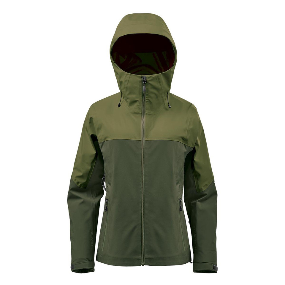 Women's olive green two-tone softshell jacket with structured hood, centre zip and side zip pockets