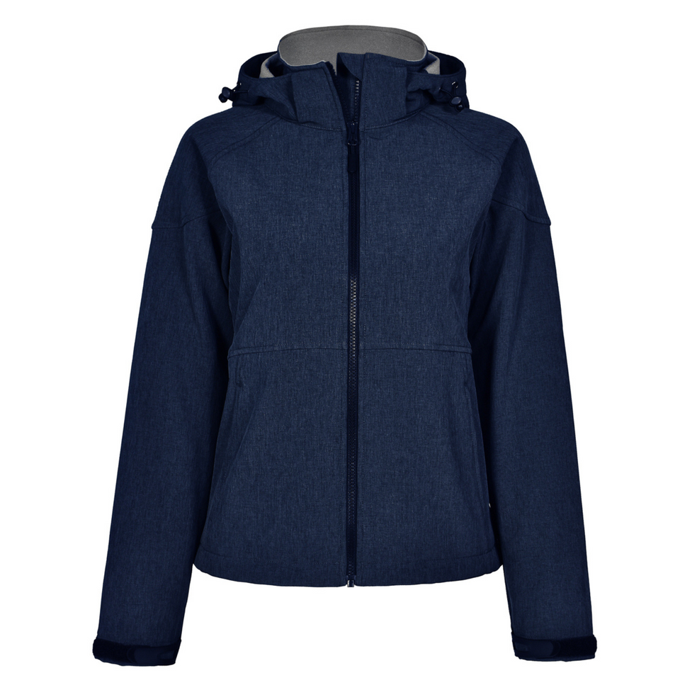 Marl Navy Charcoal ASPEN Women's Soft Shell Hooded Jacket, featuring a weather-resistant outer shell, integrated hood for extra protection, and a soft fleece lining with a contoured feminine fit.