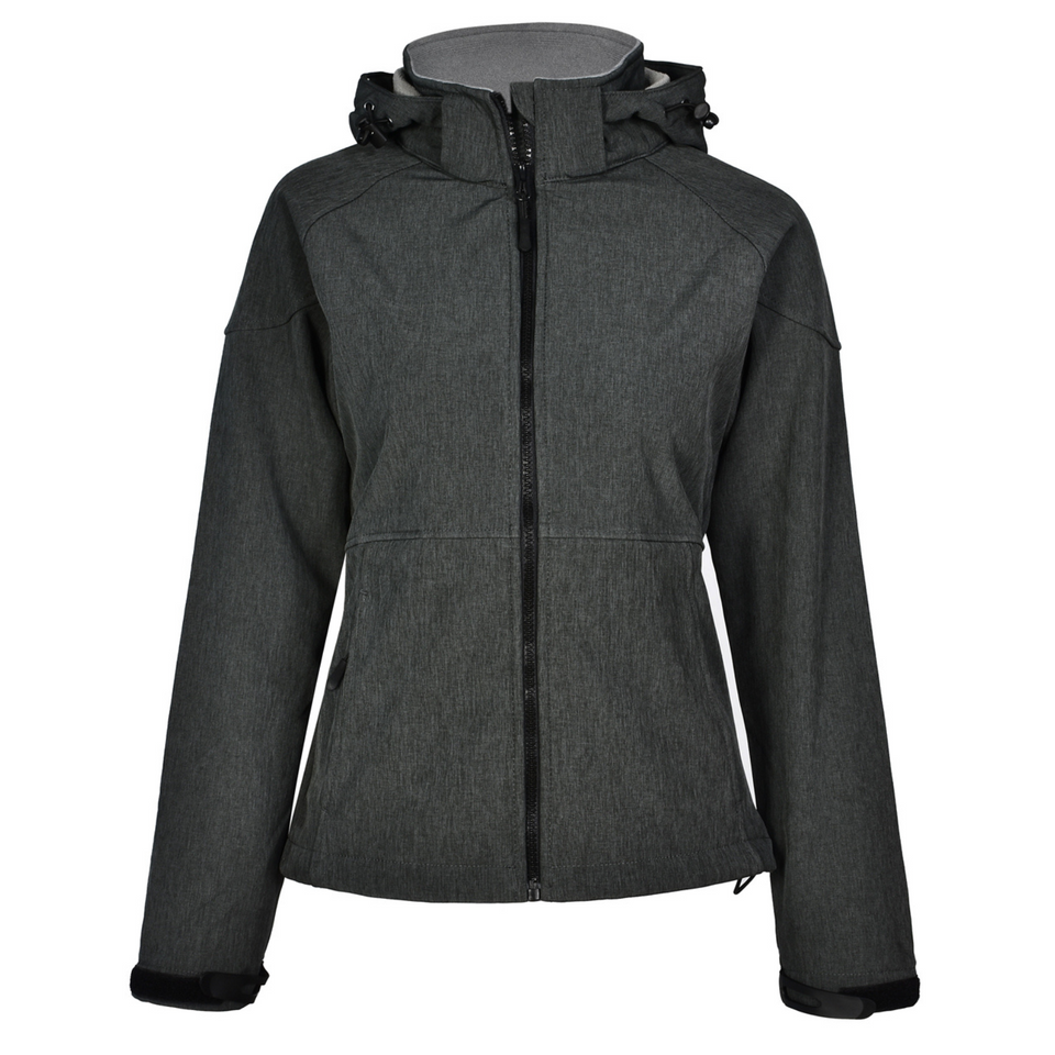 Marl Charcoal ASPEN Women's Soft Shell Hooded Jacket, featuring a weather-resistant outer shell, integrated hood for extra protection, and a soft fleece lining with a contoured feminine fit.