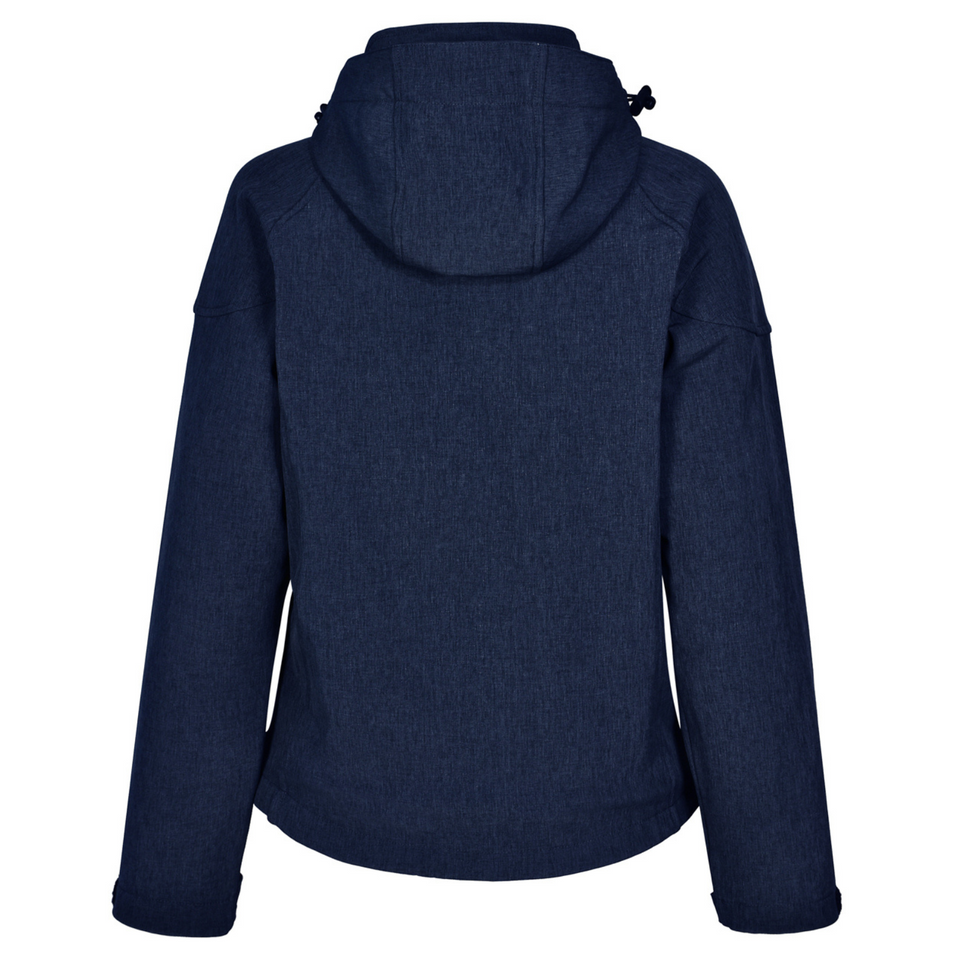 Marl Navy Charcoal ASPEN Women's Soft Shell Hooded Jacket, featuring a weather-resistant outer shell, integrated hood for extra protection, and a soft fleece lining with a contoured feminine fit.