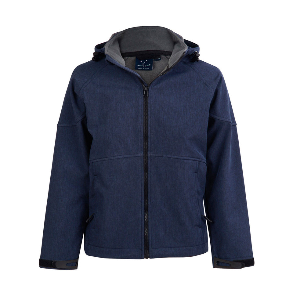 Navy soft shell hooded jacket with grey contrast hood lining and full-length zip closure