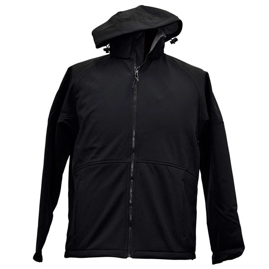 Black soft shell hooded jacket with full-length zip and adjustable hood on white background