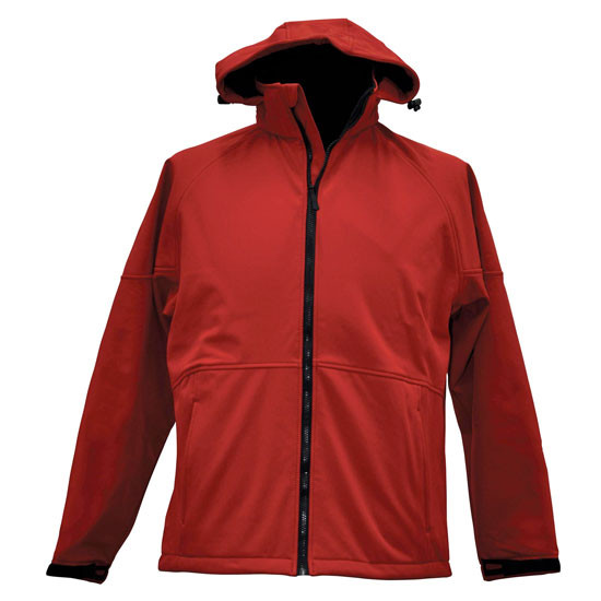 Red soft shell hooded jacket with black contrast lining and full-length zipper