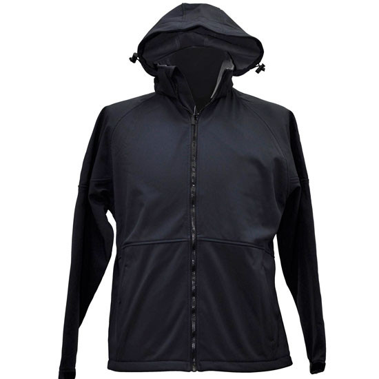 Charcoal grey soft shell hooded jacket with full-length zip and adjustable hood with drawcords