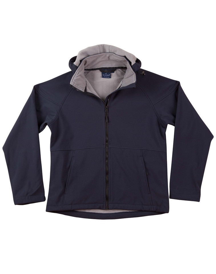 Navy soft shell hooded jacket with grey contrast lining and front pockets