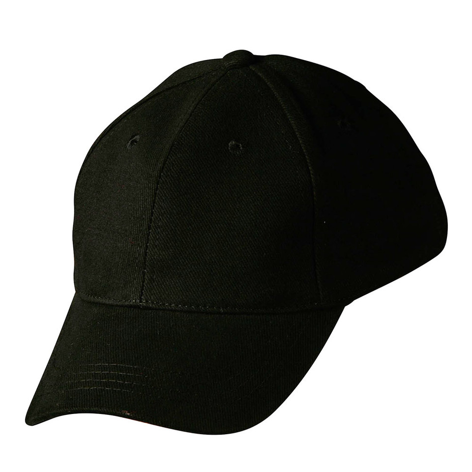 Black cotton baseball cap with structured six-panel crown and curved visor