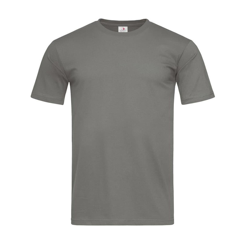 Charcoal grey fitted crew neck t-shirt with short sleeves and smooth cotton construction