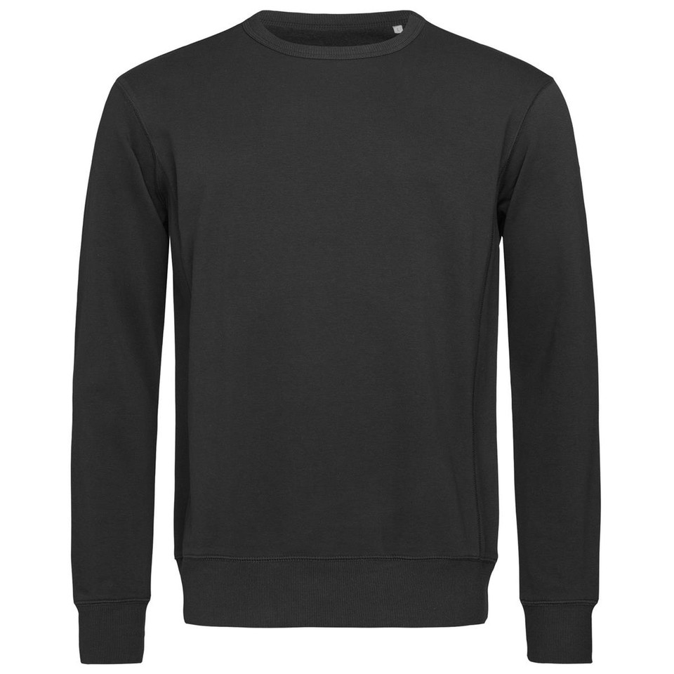 Charcoal grey men's crew neck sweatshirt with ribbed cuffs and hem, smooth flat chest panel