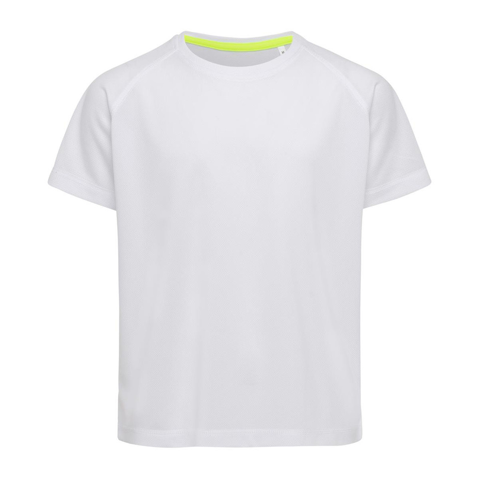 White kids' raglan sleeve crew neck active tee with neon yellow inner collar accent