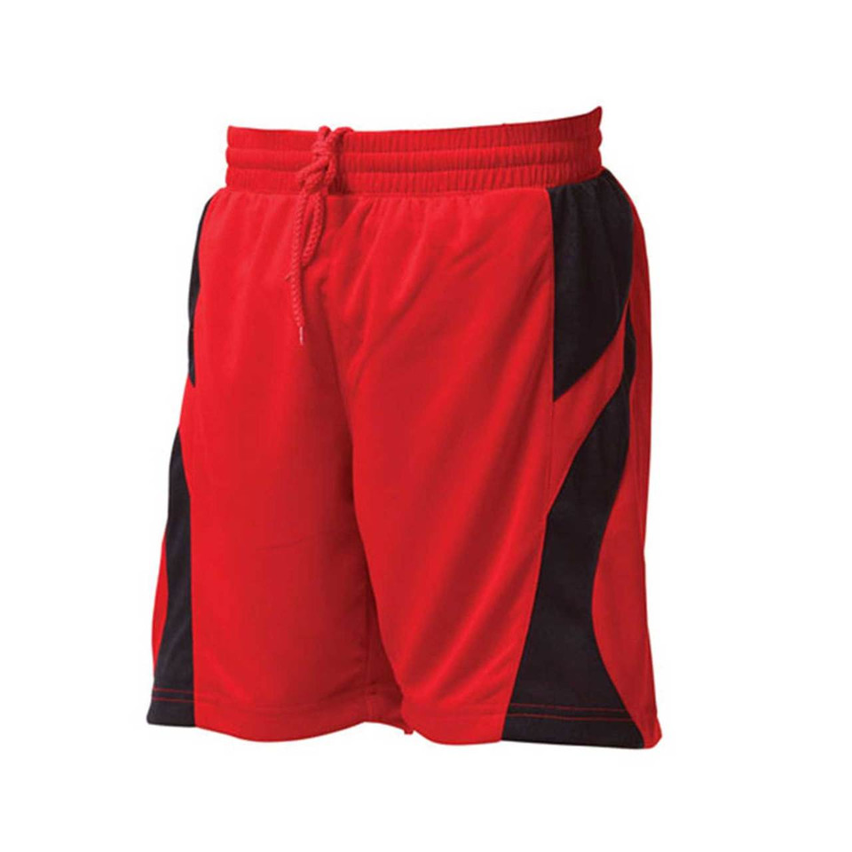 Red basketball shorts with black side panels and contrast diagonal stripe detail