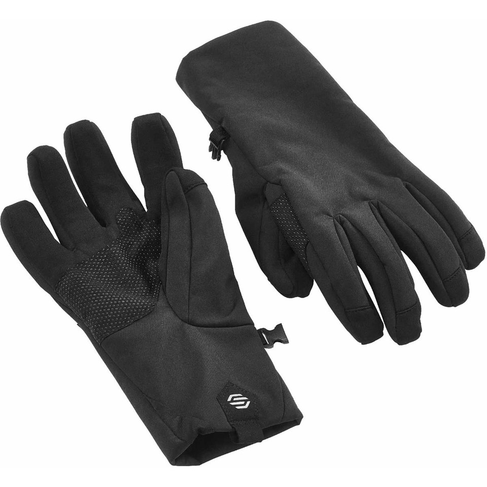 Jet black Stormtech softshell gloves with textured grip palm panels, wrist loop, and touchscreen-compatible fingertips