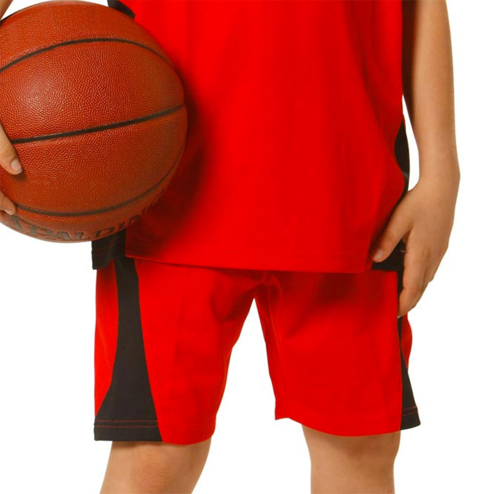 Bright red kids basketball shorts with charcoal side panels and matching sleeveless jersey