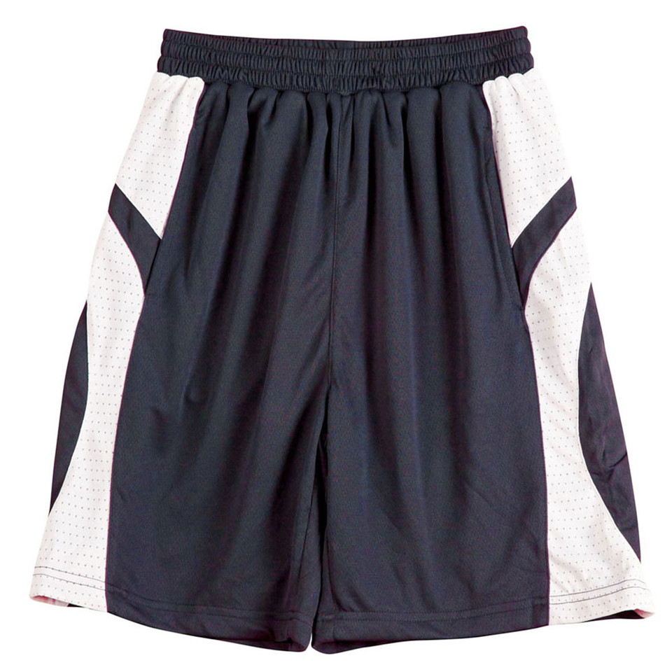 Navy basketball shorts with white mesh side panels and colour-blocked angular inserts