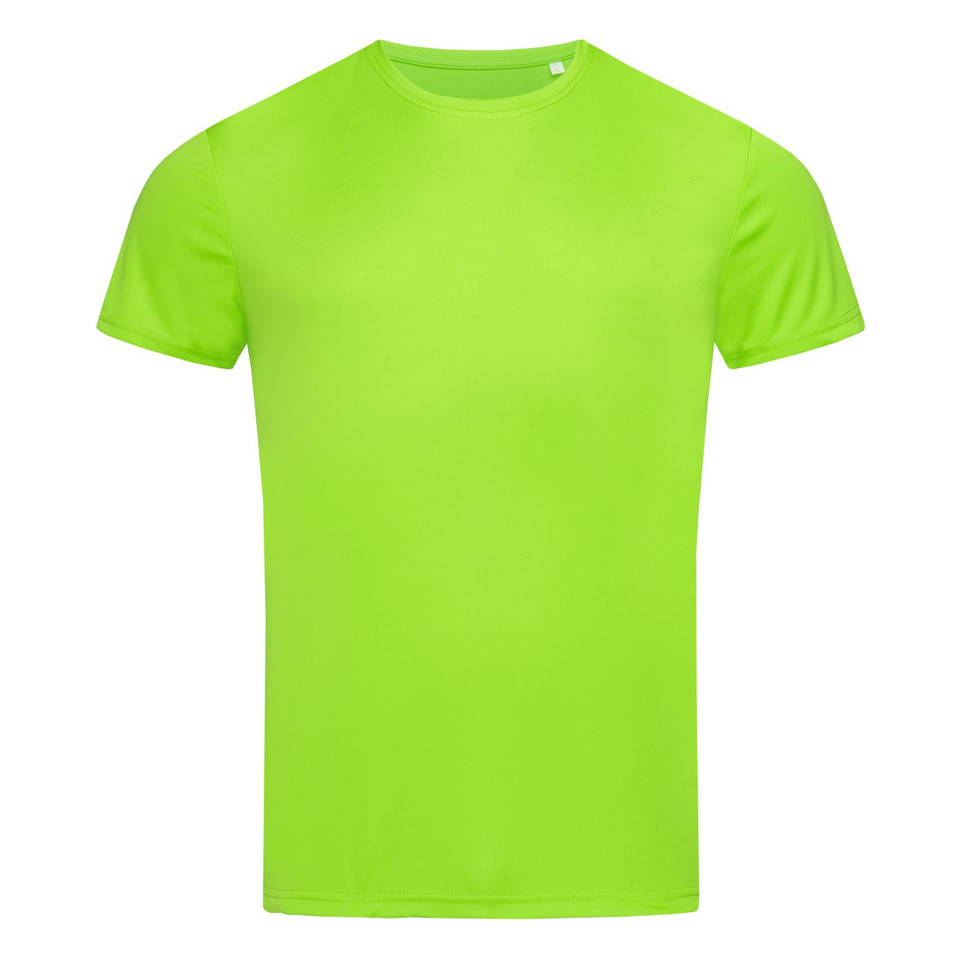 Men's crew neck active sports tee in lime green, lightweight performance fabric, flat front panel, packshot