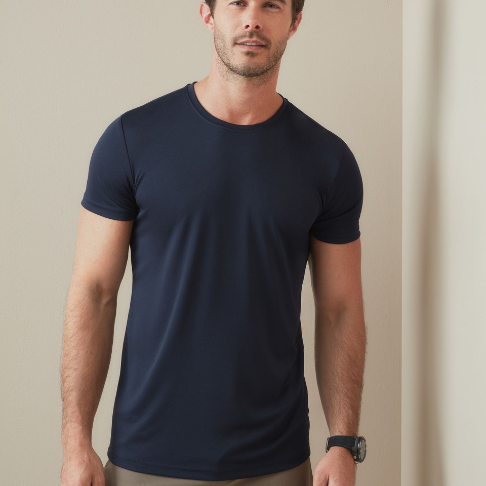 Male model wearing a navy fitted crew neck active T-shirt with smooth performance fabric finish