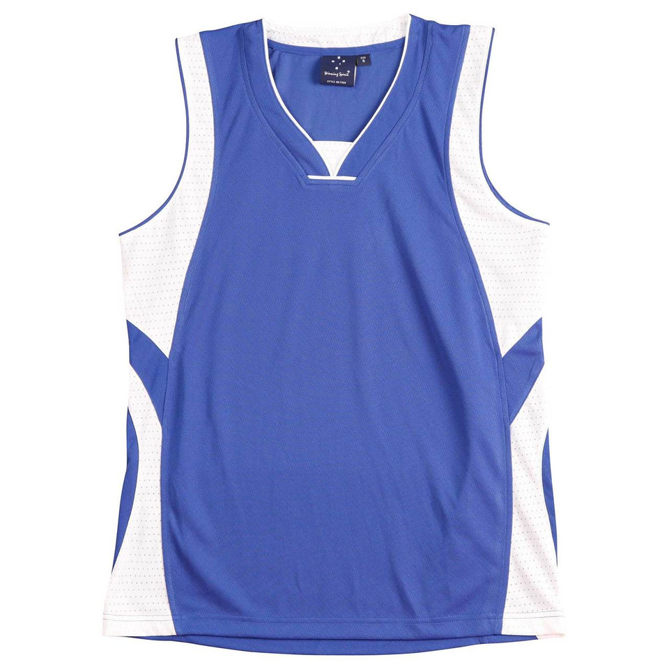 Royal blue and white contrast panel basketball singlet with V-neck and moisture-wicking fabric