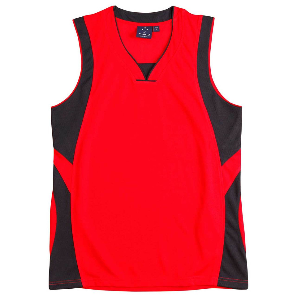 Bright red sleeveless sports singlet with charcoal side panels and contrast v-neck trim