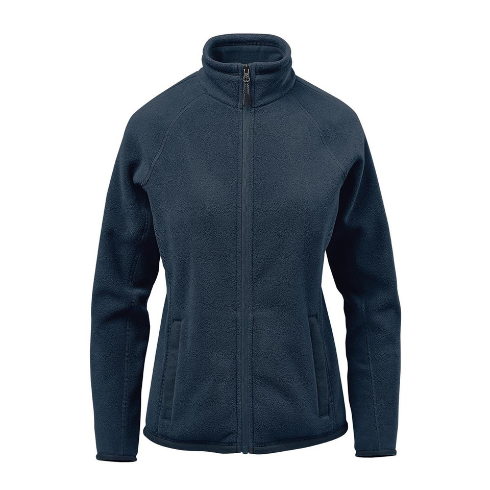 Women's midnight navy full-zip polar fleece jacket with stand collar, raglan sleeves and zip pockets