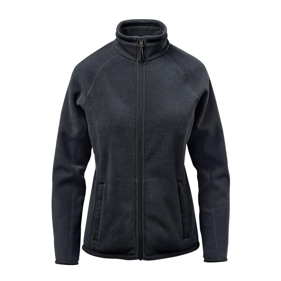 Women's midnight navy recycled polar fleece jacket with full-length zip, stand collar, and zippered side pockets