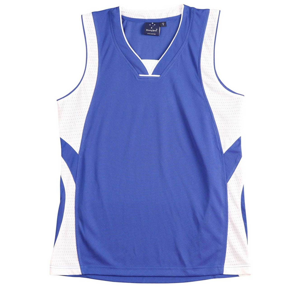 Royal blue and white contrast basketball singlet with mesh side panels and V-neck trim