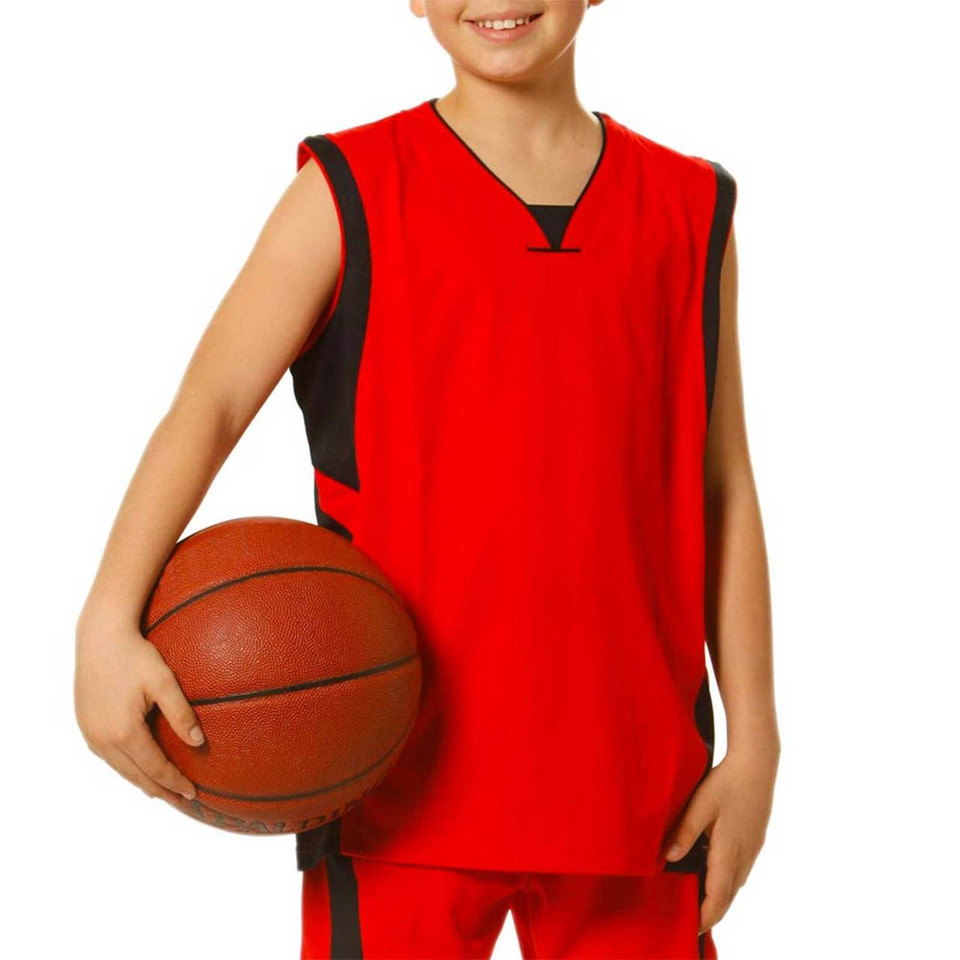 Child holding basketball wearing red and black contrast panel sleeveless V-neck sports singlet