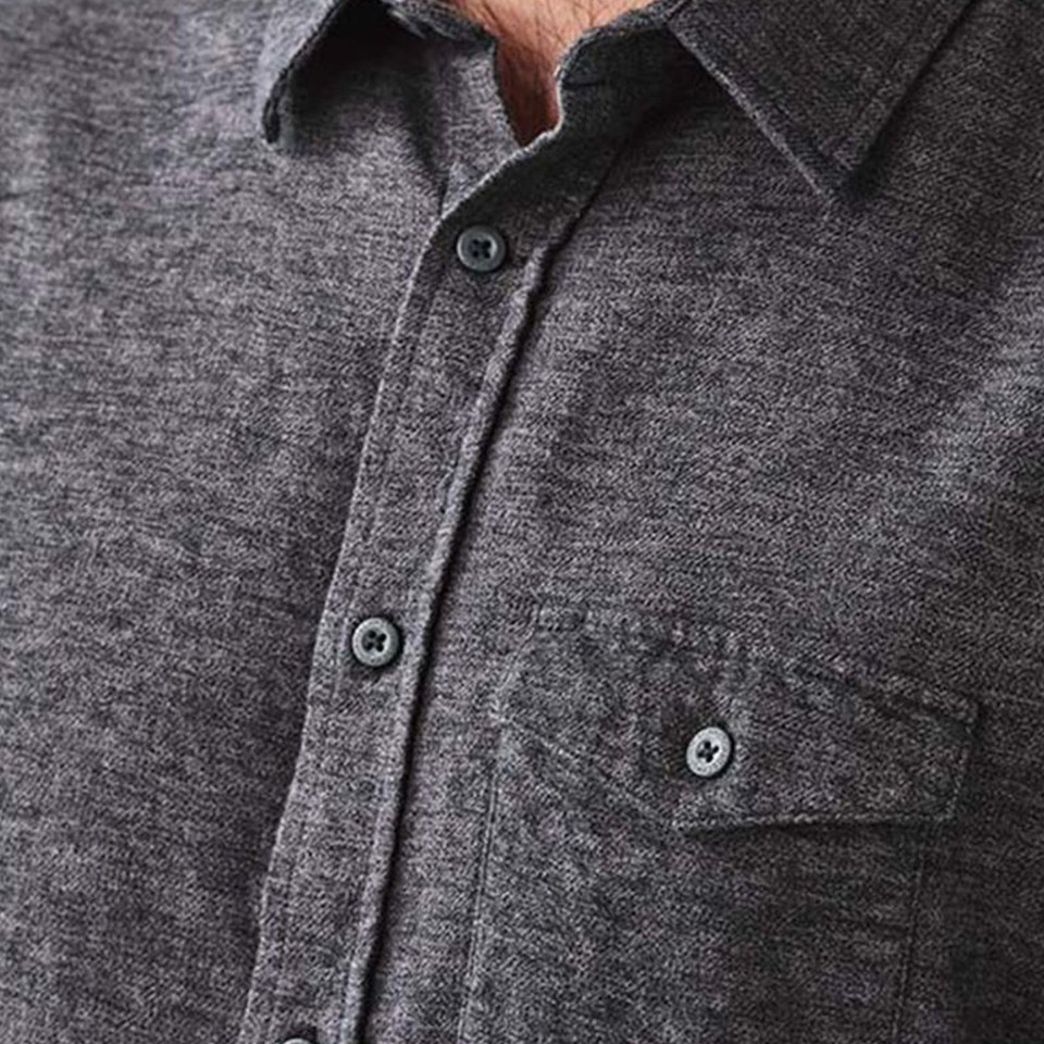 Charcoal marle cotton flannel shirt close-up showing button placket, spread collar and chest pocket
