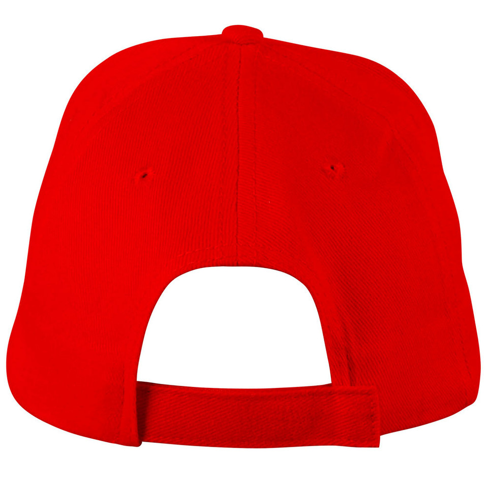 Bright red structured baseball cap with white front panels, rear view showing adjustable closure