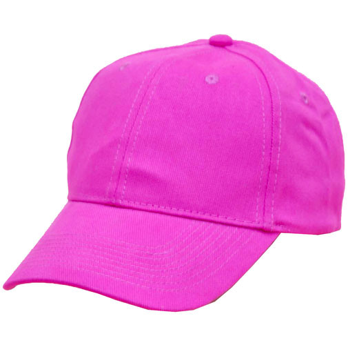 Bright fuchsia pink structured baseball cap with six panels and curved brim on white background