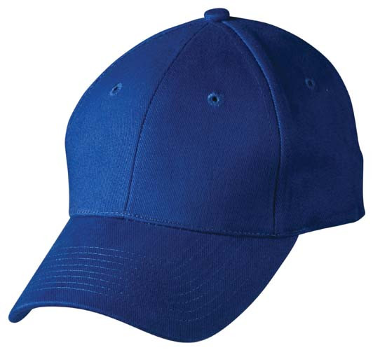 Royal blue six-panel structured baseball cap with pre-curved peak and matching eyelets