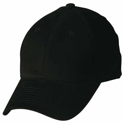 Black structured baseball cap with curved brim and six-panel construction