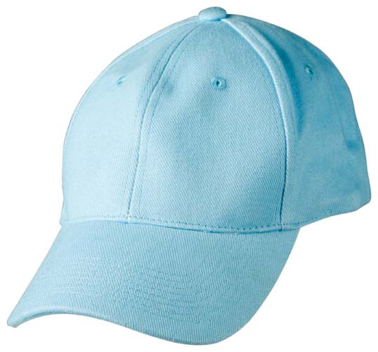 Light blue structured six-panel baseball cap with pre-curved peak and embroidered eyelets