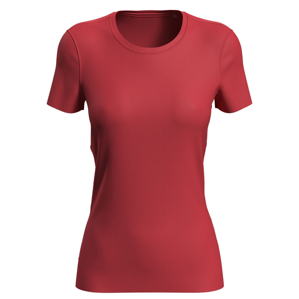 Crimson red women's fitted crew neck short sleeve tee with smooth front panel and contoured silhouette