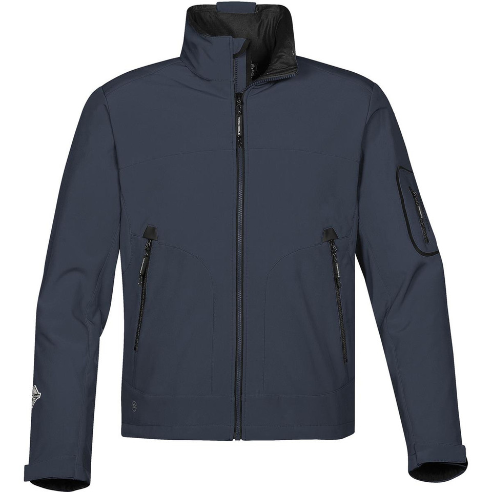 Stormtech navy softshell jacket with stand collar, full-zip front, zippered chest and hand pockets, and sleeve utility pocket