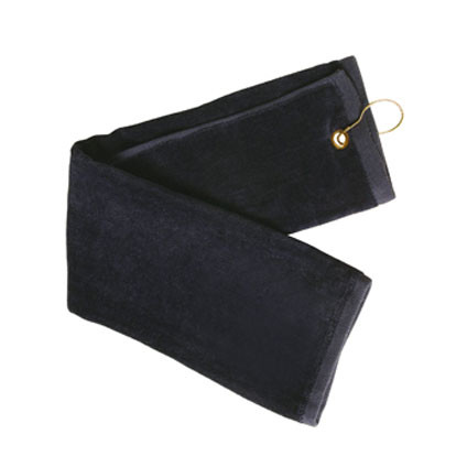 Black terry velour golf towel with metal grommet and hook attachment