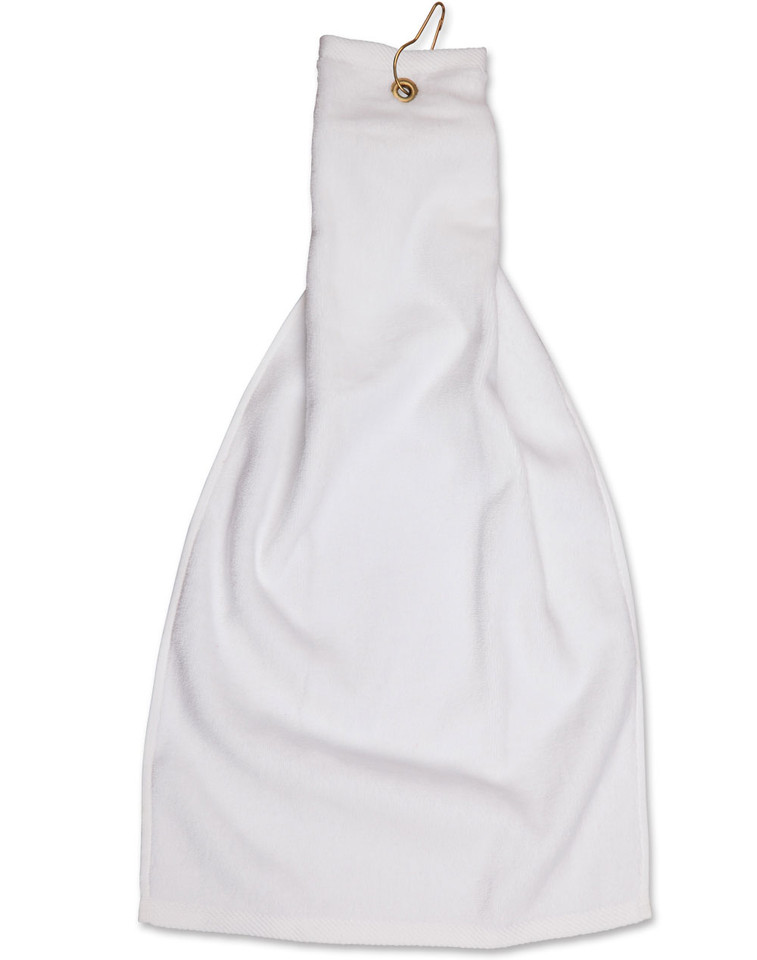 White terry velour golf towel hanging from a gold metal hook clip, flat lay packshot