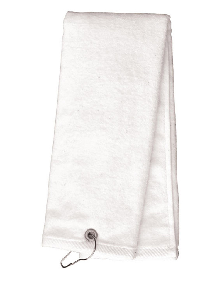 White tri-fold terry velour golf towel with metal carabiner hook clip at corner